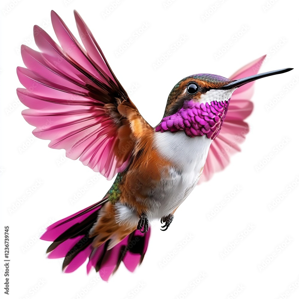 Obraz premium A vibrant hummingbird in mid-flight, showcasing its stunning pink and orange plumage against a white background.