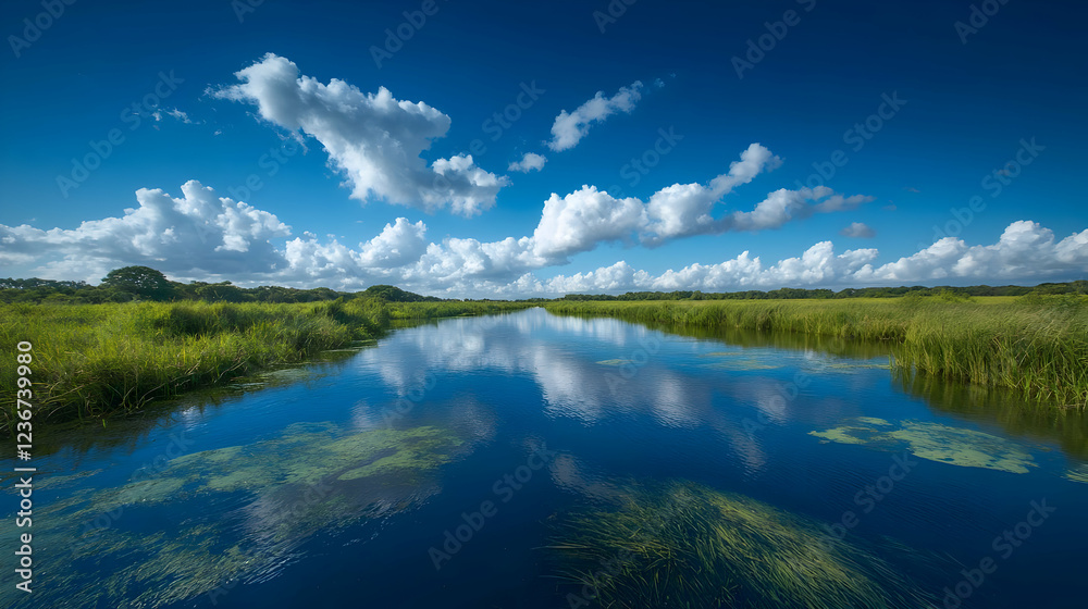Calm river reflecting clouds, summer landscape Calm river reflecting clouds, summer landscape