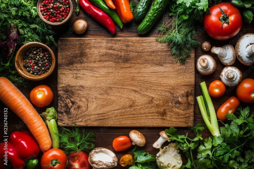 Wooden cutting board surrounded by fresh vegetables and spices. Wooden cutting board surrounded by fresh vegetables and spices.