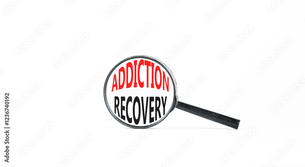 Addiction recovery symbol. Concept words Addiction recovery on beautiful black magnifying glass. Beautiful white table white background. Psychology addiction recovery concept. Copy space. Addiction recovery symbol. Concept words Addiction recovery on beautiful black magnifying glass. Beautiful white table white background. Psychology addiction recovery concept. Copy space.