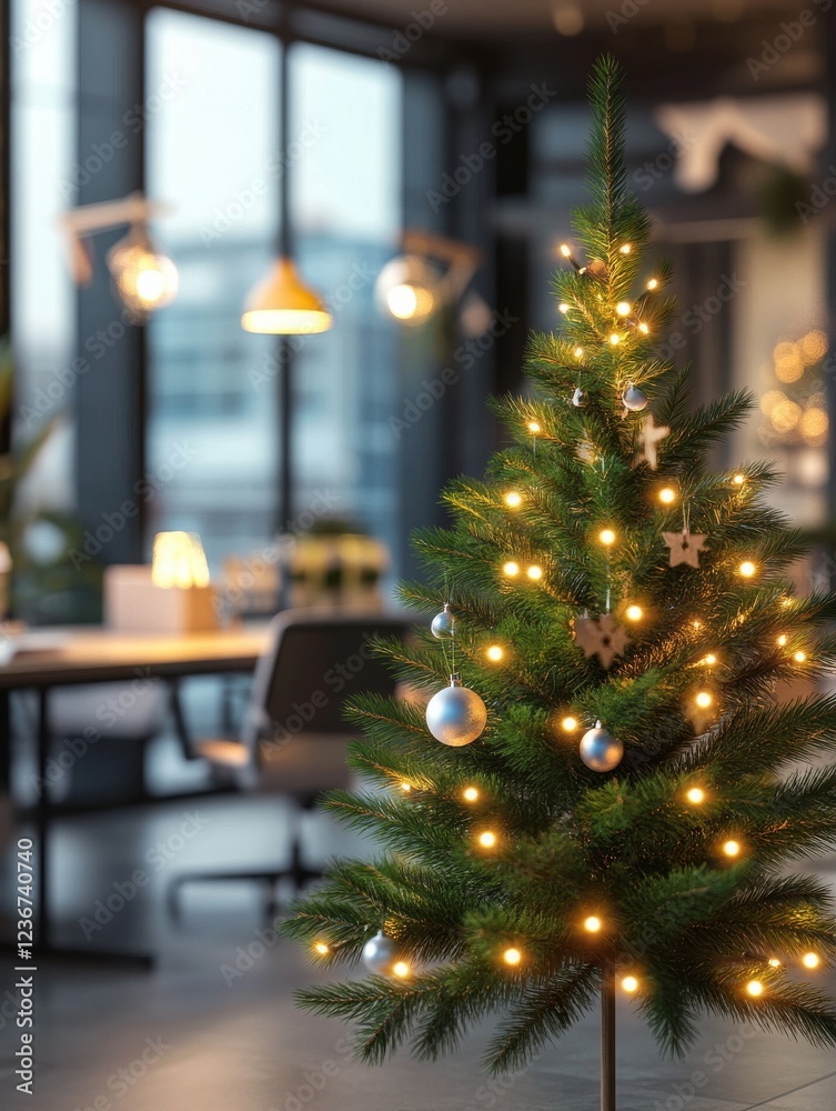 Christmas tree in modern office with decorations and lights blurred festive workspace concept Christmas tree in modern office with decorations and lights blurred festive workspace concept