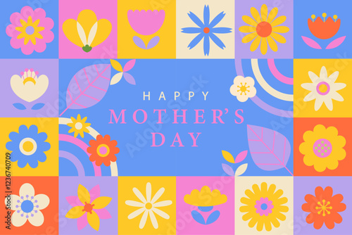 Happy mother day 2025,geometric banner with different flowers and place for text.Trendy template for your design, holiday poster, flyer, web, social media,web,greeting,invitations.Vector illustration.