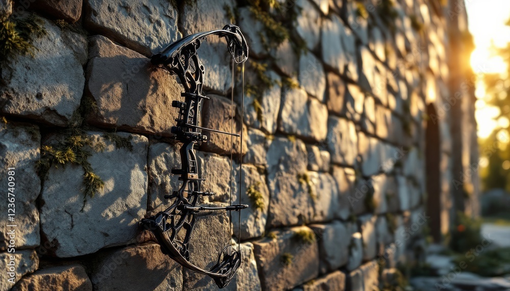 Archery Bow Leaning Against Ancient Stone Wall at Sunset Golden Hour Archery Bow Leaning Against Ancient Stone Wall at Sunset Golden Hour