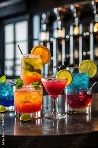 Vibrant Cocktail Collection: A tempting array of colorful cocktails, garnished with fresh citrus fruits and herbs, sits on a dark wood bar top.