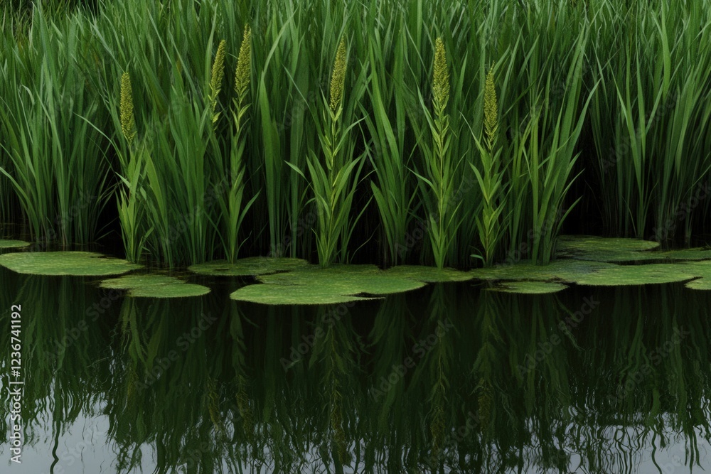 Fototapeta premium Lush green reeds reflect in calm water; tranquil nature scene; perfect for nature documentaries or travel brochures.