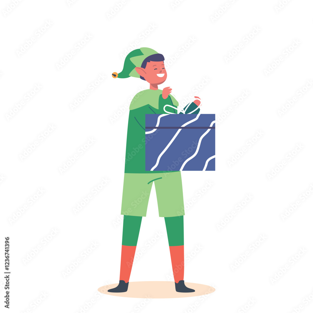 Cute Playful Christmas Elf Boy, Santa Claus Helper In Green Costume And Stockings With Gift Box In Hands Illustration Cute Playful Christmas Elf Boy, Santa Claus Helper In Green Costume And Stockings With Gift Box In Hands Illustration