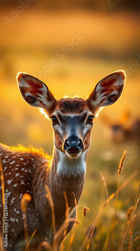Warm golden hour light A deer in a sunlit meadow, autumnal colors. Soft light, just after sunrise or before sunset, illuminating the soft, speckled coat and large, dark eyes