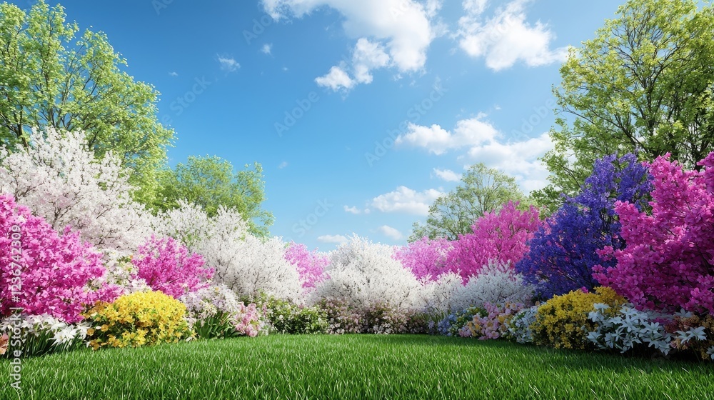 Fototapeta premium Vibrant spring garden filled with blooming pink, purple, and white flowers under a clear blue sky.