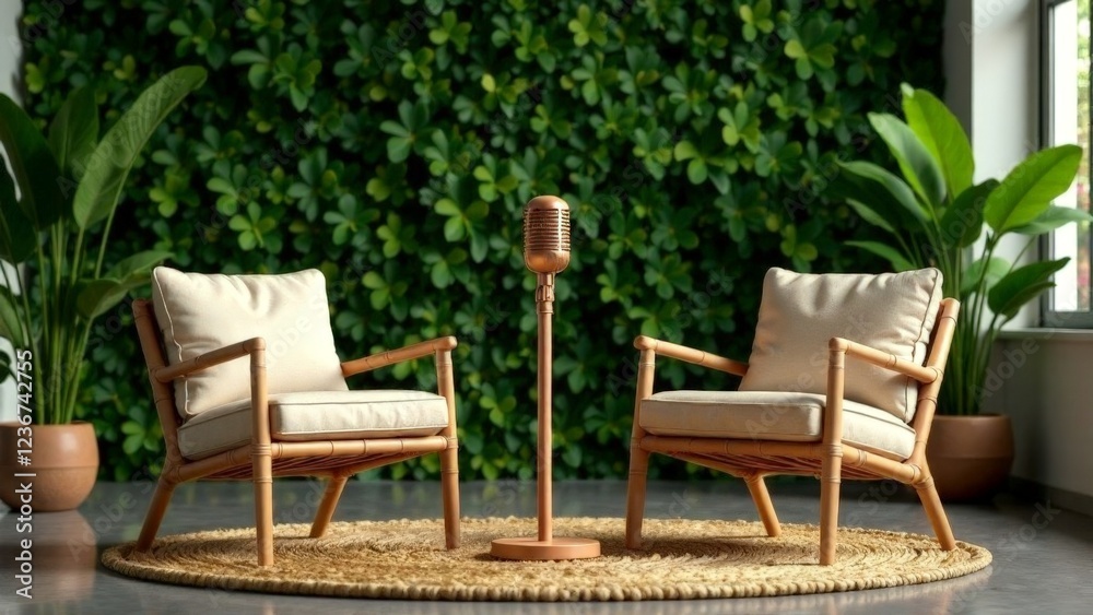 Two chairs are placed in front of a green wall. The chairs are wooden and have cushions. A microphone is placed on a stand in front of one of the chairs. The scene is set in a room with a green wall Two chairs are placed in front of a green wall. The chairs are wooden and have cushions. A microphone is placed on a stand in front of one of the chairs. The scene is set in a room with a green wall