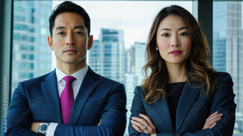 Two business people in suits and ties stand facing each other Two business people in suits and ties stand facing each other