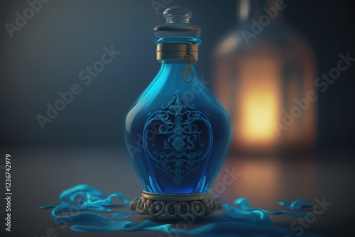 Glass bottle with blue liquid. Magical alchemy potion.Perfume.