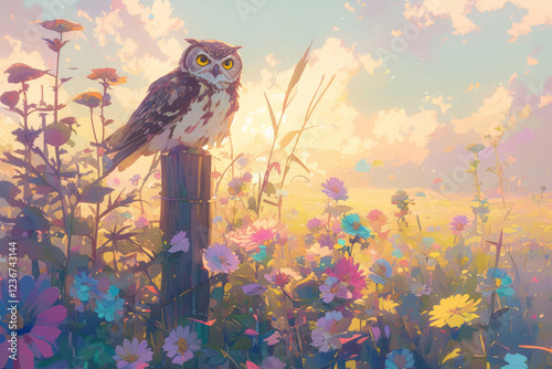 Owl resting peacefully on a wooden fence post amidst a field of blooming wildflowers.