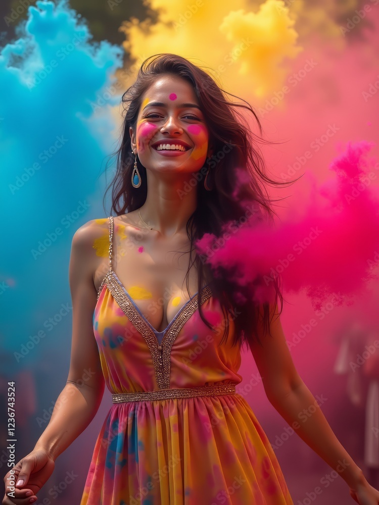 Naklejka premium A modern teenage girl in stylish attire, joyfully celebrating Holi with vibrant colors. A perfect blend of tradition and contemporary fashion, capturing the energy and excitement of the festival.