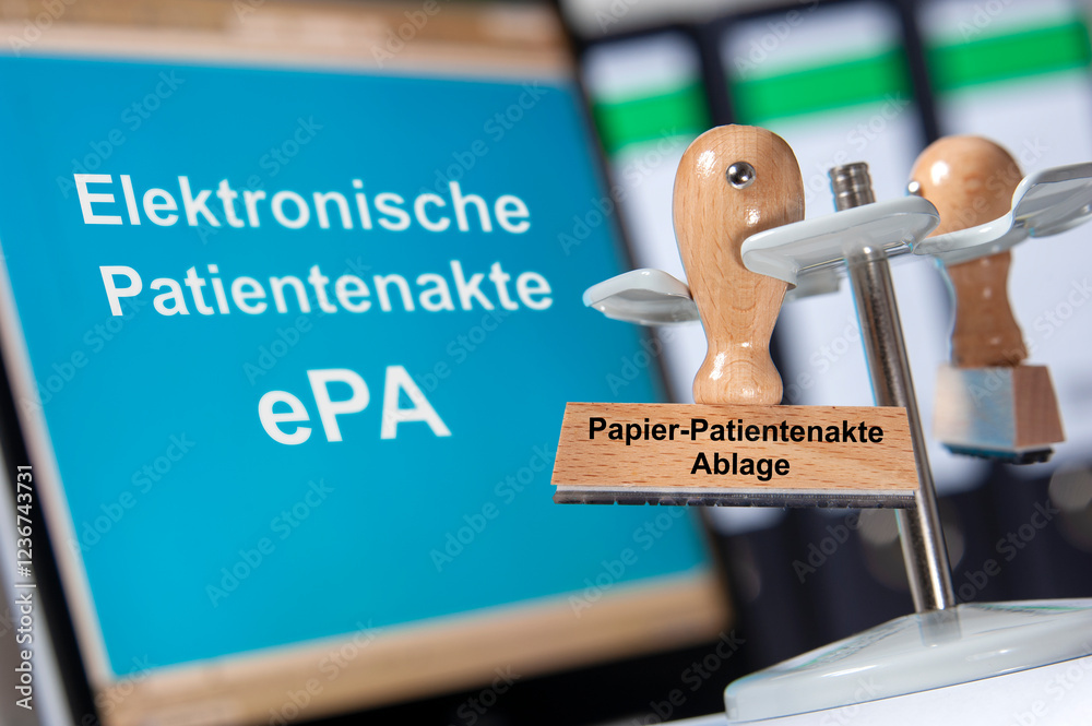 Auf einem Computer-Monitor erscheint digital die die Elektronische Patientenakte ePA und ein Holzstempel ist beschriftet mit dem Aufdruck Papier-Patientenakte / Ablage - FOTOMONTAGE