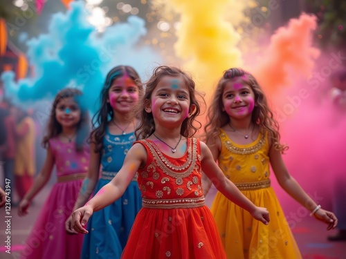 Children joyfully celebrating Holi, covered in vibrant colors, laughing and playing in the festival of colors. A heartwarming scene of innocence, happiness, and cultural festivity.