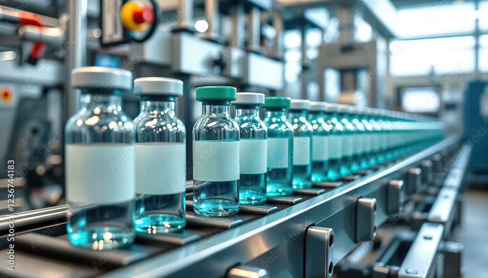 Bottles of medication move along production line in pharmaceutical facility Bottles of medication move along production line in pharmaceutical facility