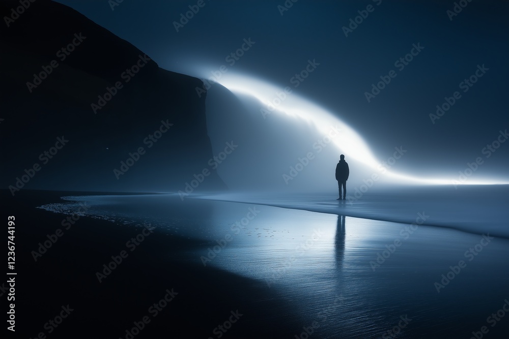 Fototapeta premium Lone figure facing an enigmatic glowing horizon........