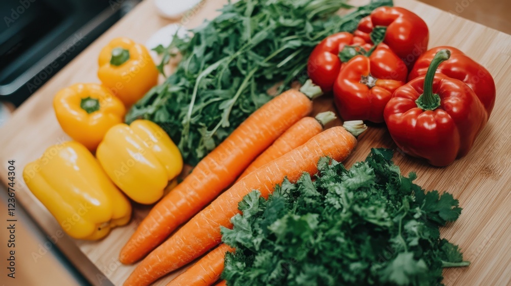Fresh and healthy vegetable salad with a variety of veggies like carrots, peppers, and greens, displayed on a wooden plate from above Fresh and healthy vegetable salad with a variety of veggies like carrots, peppers, and greens, displayed on a wooden plate from above