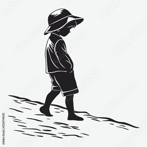 a-little-boy-standing-on-the-beach-with-a-hat-on her head silhouette image vector art and illustration