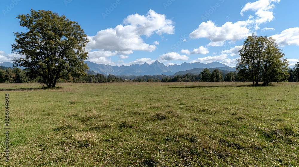 Mountain View Sunny Meadow, Trees, Distant Peaks Mountain View Sunny Meadow, Trees, Distant Peaks