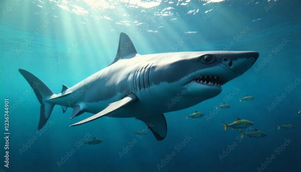 Fototapeta premium Majestic Great White Shark Underwater Encounter: A Breathtaking Ocean Moment