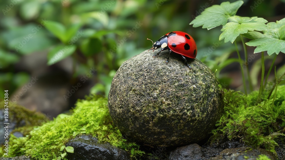 Fototapeta premium A ladybug resting on a small stone in a Zen garden, symbolizing balance and luck in tranquility.