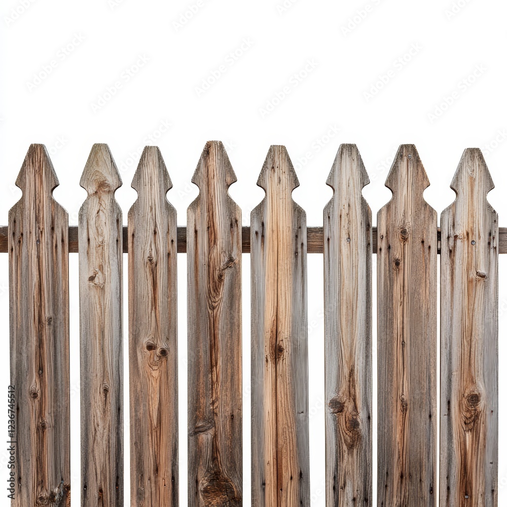 Fototapeta premium Rustic wooden picket fence, isolated, weathered, background white, design element