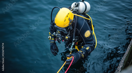 A diver wearing full scuba gear and a safety line before diving into deep waters