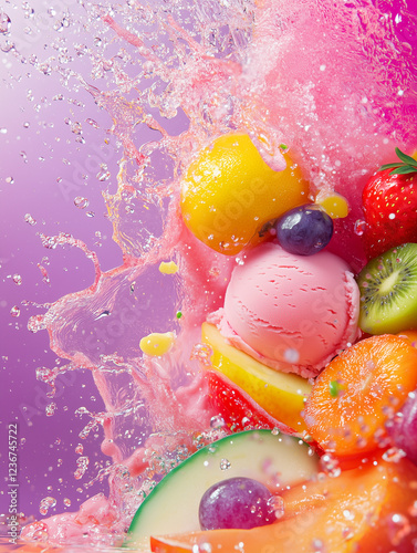 Refreshing strawberry ice cream bar bursting with fresh various fruit, splashing in water. A vibrant, refreshing concept capturing sweetness, freshness, and summer indulgence.