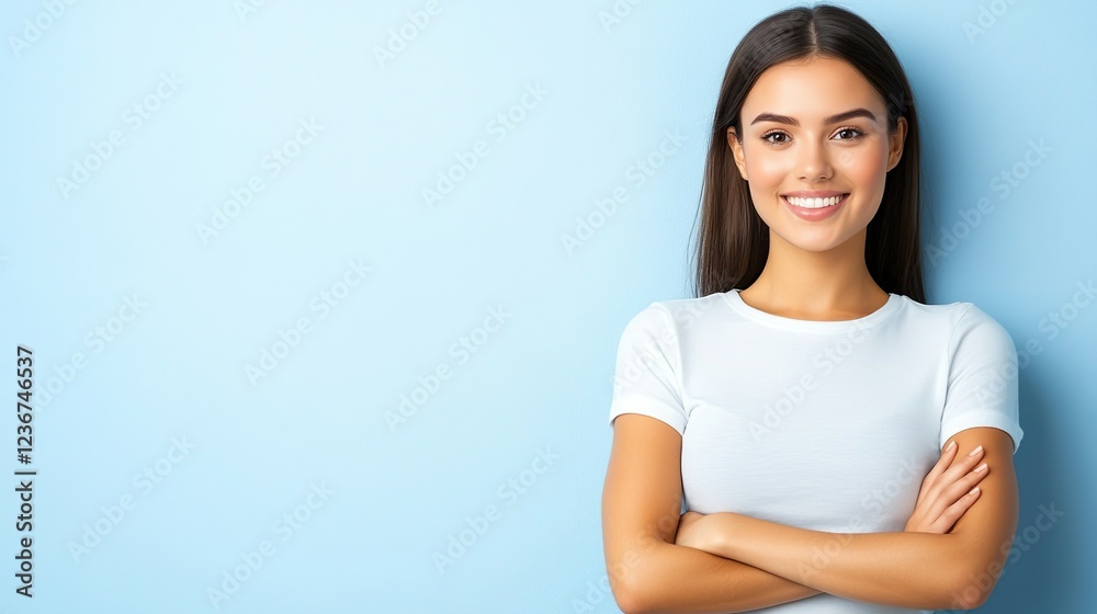 Confident Woman Smiling White T-Shirt Arms Crossed Isolated Blue Background Confident Woman Smiling White T-Shirt Arms Crossed Isolated Blue Background