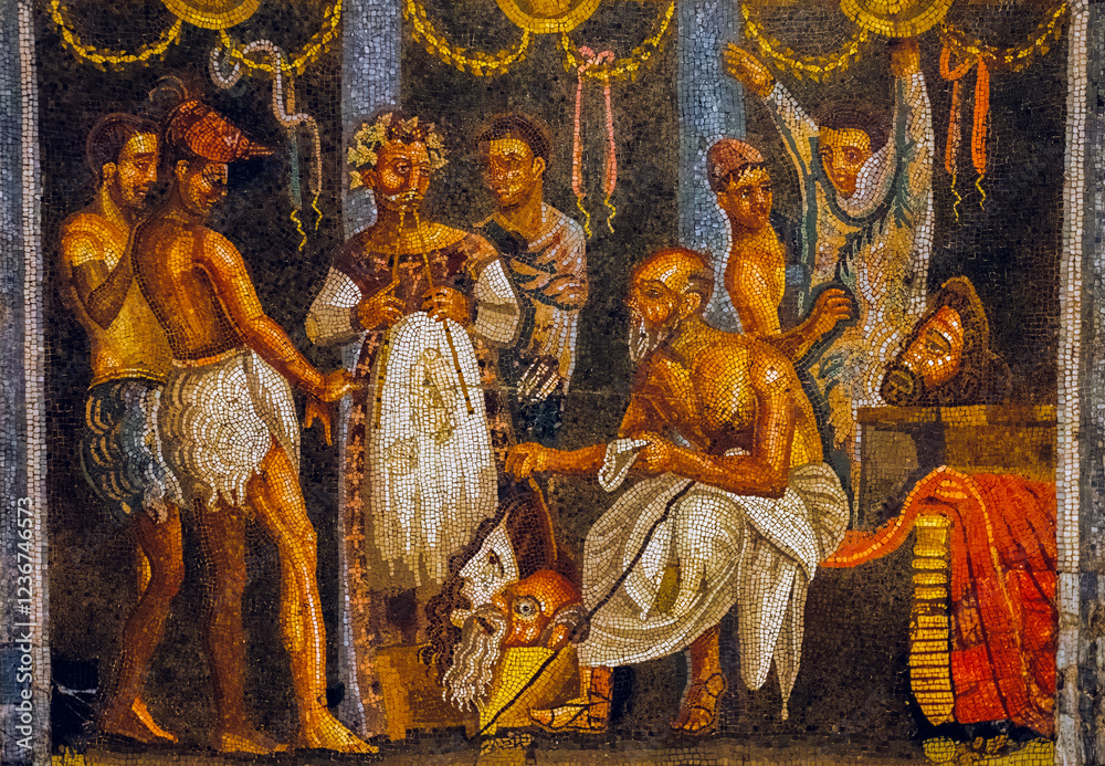 Fototapeta premium Naples, Italy - November 18, 2024: Fragment of historical ancient Roman mosaic circa 100 BC . Archaeological artifact from an excavated house in the buried volcano Vesuvius, Pompeii.
