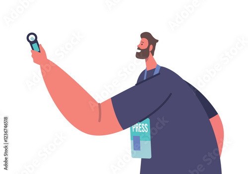 Male Character Holding Dictaphone, Journalist Or Reporter Interviewing. Media Person On Press Conference Or Briefing