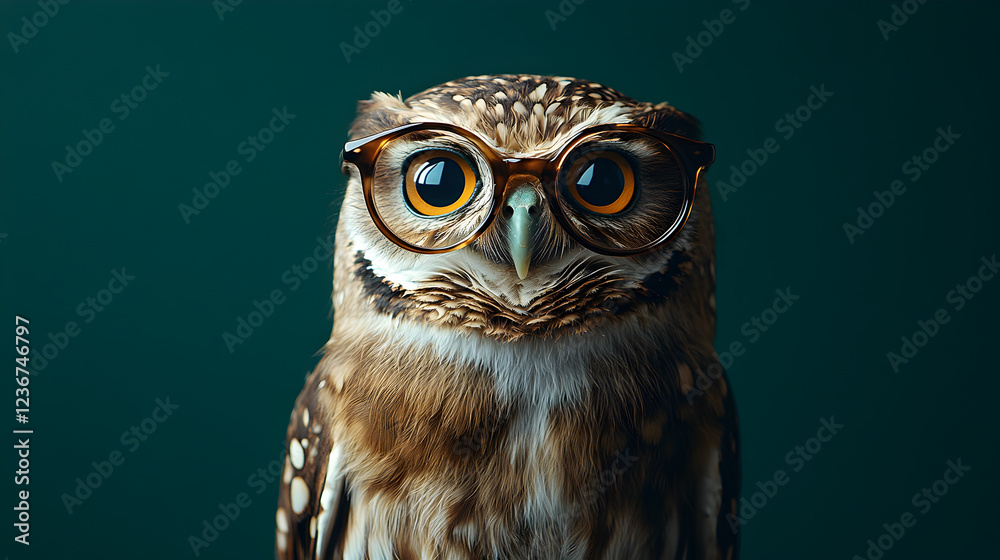 Obraz premium Owl wearing glasses standing confidently against a solid green background in a professional studio setting exuding wisdom intelligence and charisma ultra-detailed high-quality studio portrait