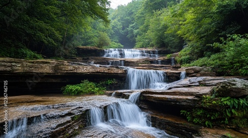 A fast-moving waterfall cascading down rocks, with mist spraying into the air