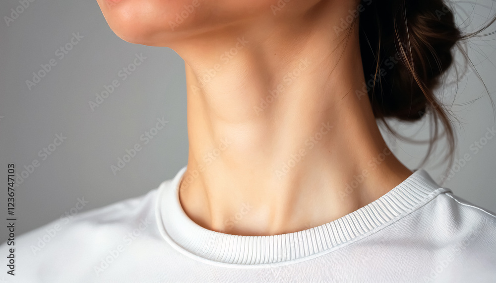 Close up view of person neck and collarbone smooth skin and simple white neckline Close up view of person neck and collarbone smooth skin and simple white neckline