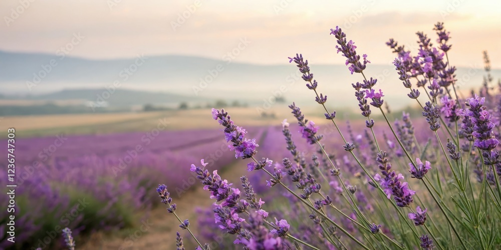Obraz premium Lavender Blooms in a Watercolor Landscape, watercolor art, botanical illustration