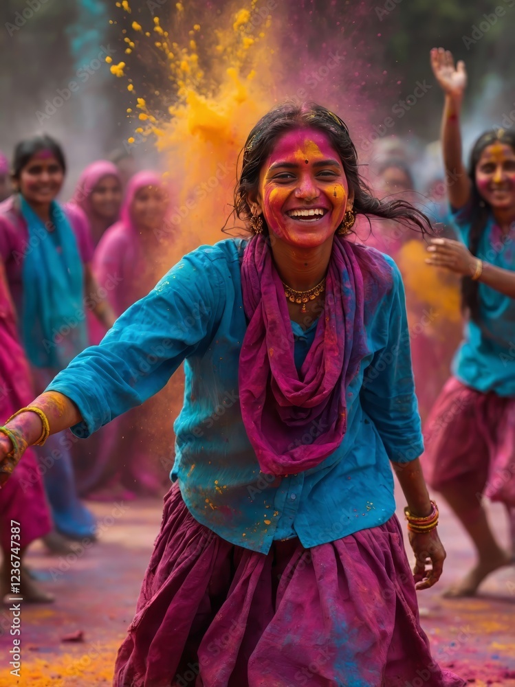Naklejka premium A young female with a radiant smile, enjoying the Holi festival with vibrant colors on her face. A joyful celebration of happiness, culture, and tradition.
