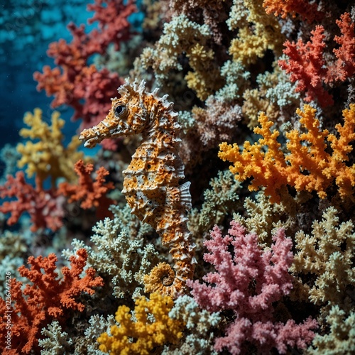 A seahorse camouflaged among colorful corals in a tropical sea.