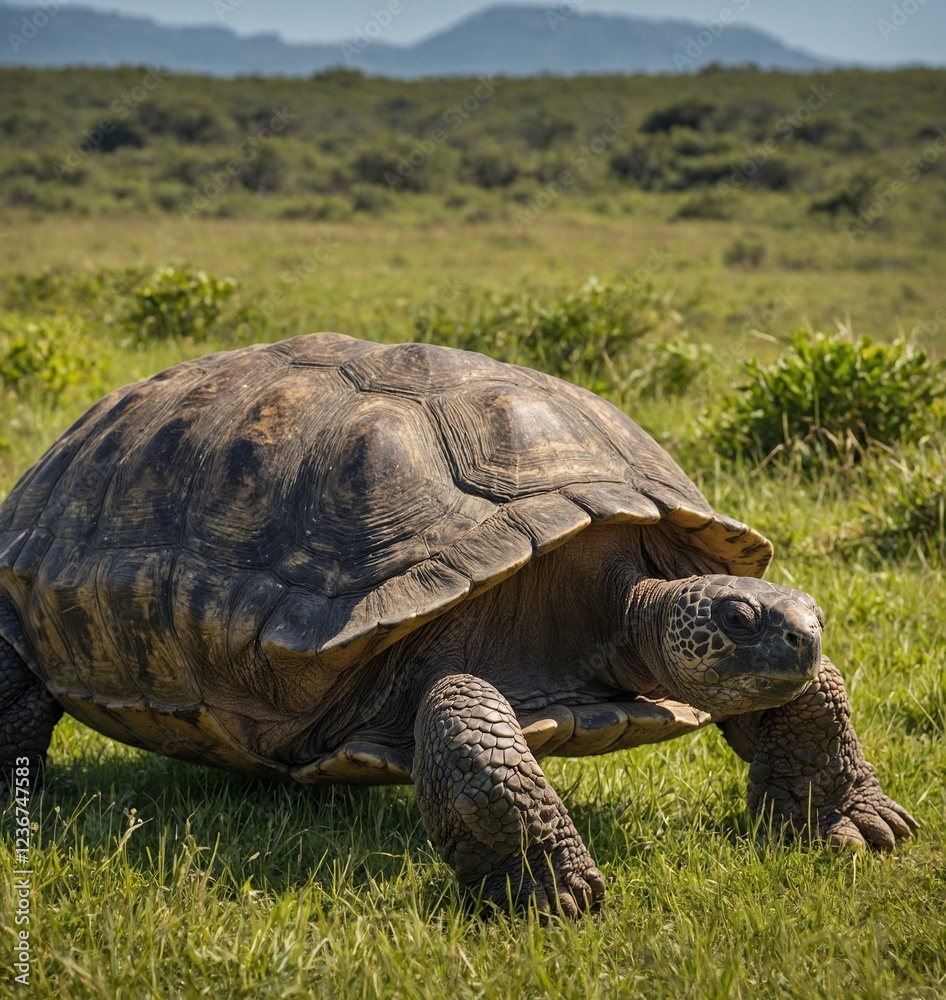 Obraz premium A giant Galápagos tortoise slowly making its way through a sunny meadow.