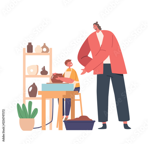 Man Teacher Character Patiently Instructs Child In The Art Of Pottery, Guiding Their Hands And Encouraging Creativity