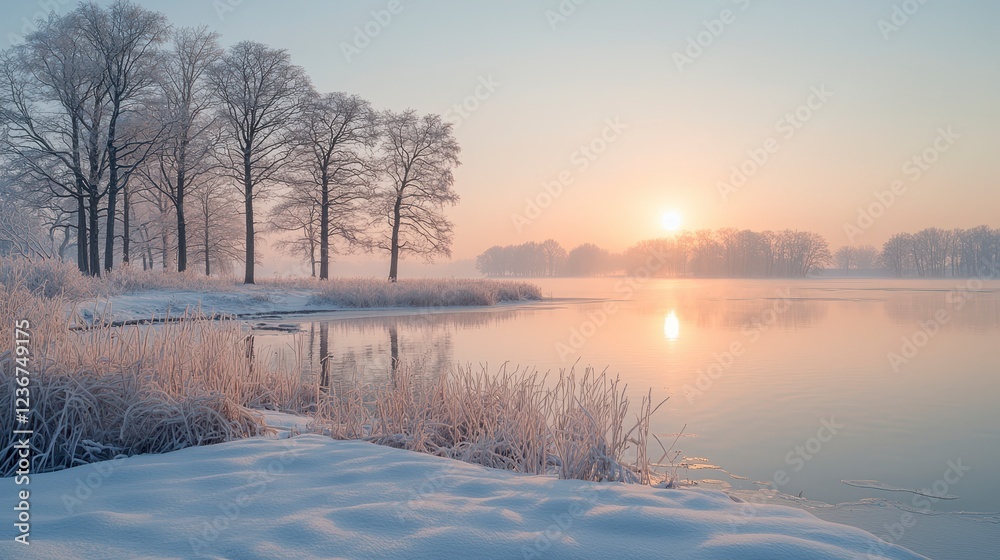 Frosty sunrise over calm lake, winter trees Frosty sunrise over calm lake, winter trees