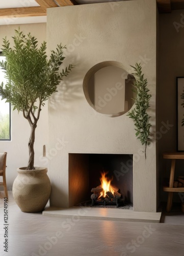 Microcal and microcement rendered olive tree fireplace surround ,  artistic rendition,  textured surface,  ornamental feature photo