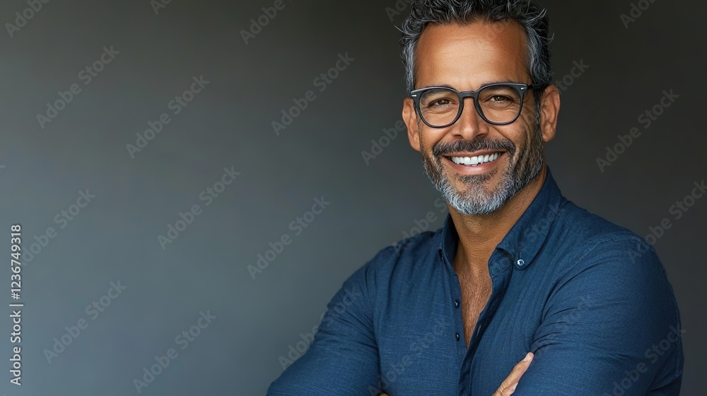 Obraz premium Mature Businessman with Glasses Smiling in Blue Shirt