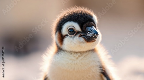 Adorable Penguin Chick with Fluffy Feathers in Soft Sunlight
