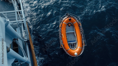 A lifeboat on a large ship, emphasizing marine safety measures