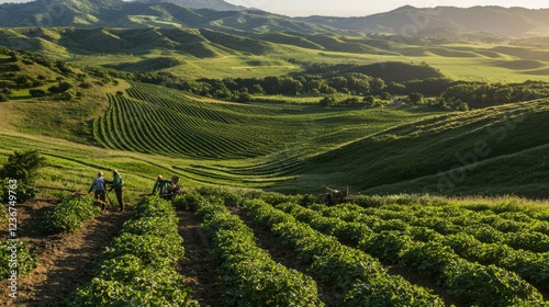 Scenic Landscape with Farmers Working in Rolling Green Fields