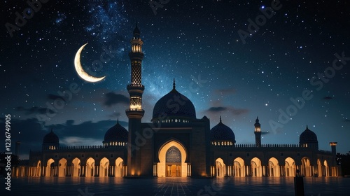 Night view of illuminated mosque under starry sky, crescent moon, religious celebration photo