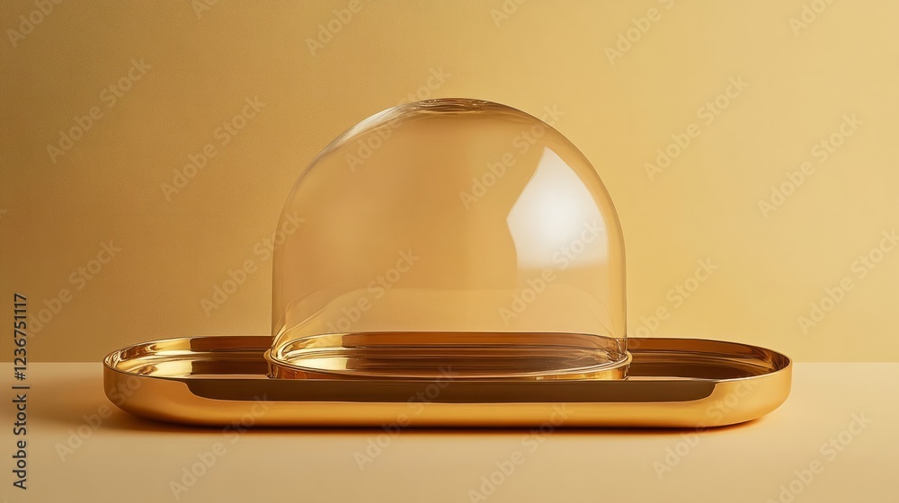 Fototapeta premium A sleek gold serving tray with a minimalist cloche, set on a soft lemon yellow backdrop