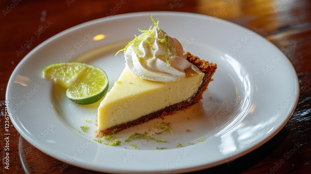 Lemon Cheesecake with Lime Slice on a White Plate Lemon Cheesecake with Lime Slice on a White Plate
