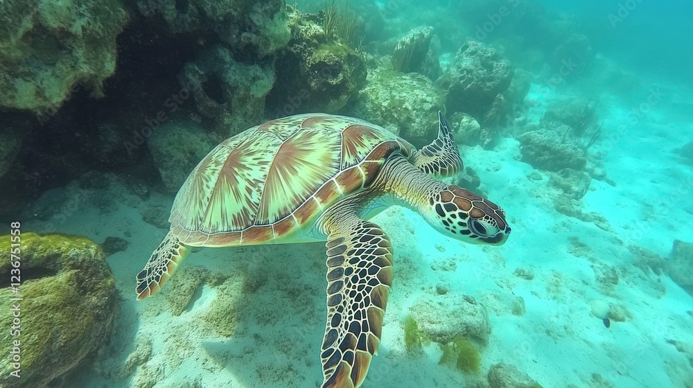 Obraz premium Majestic Sea Turtle Gracefully Gliding Through the Crystal-Clear Aquamarine Waters of a Vibrant Coral Reef